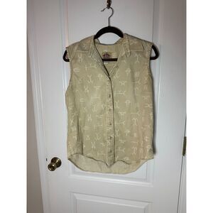 Vintage Barnfly Womens M Western Cattle Brand Print Sleeveless Cotton Vest Beige